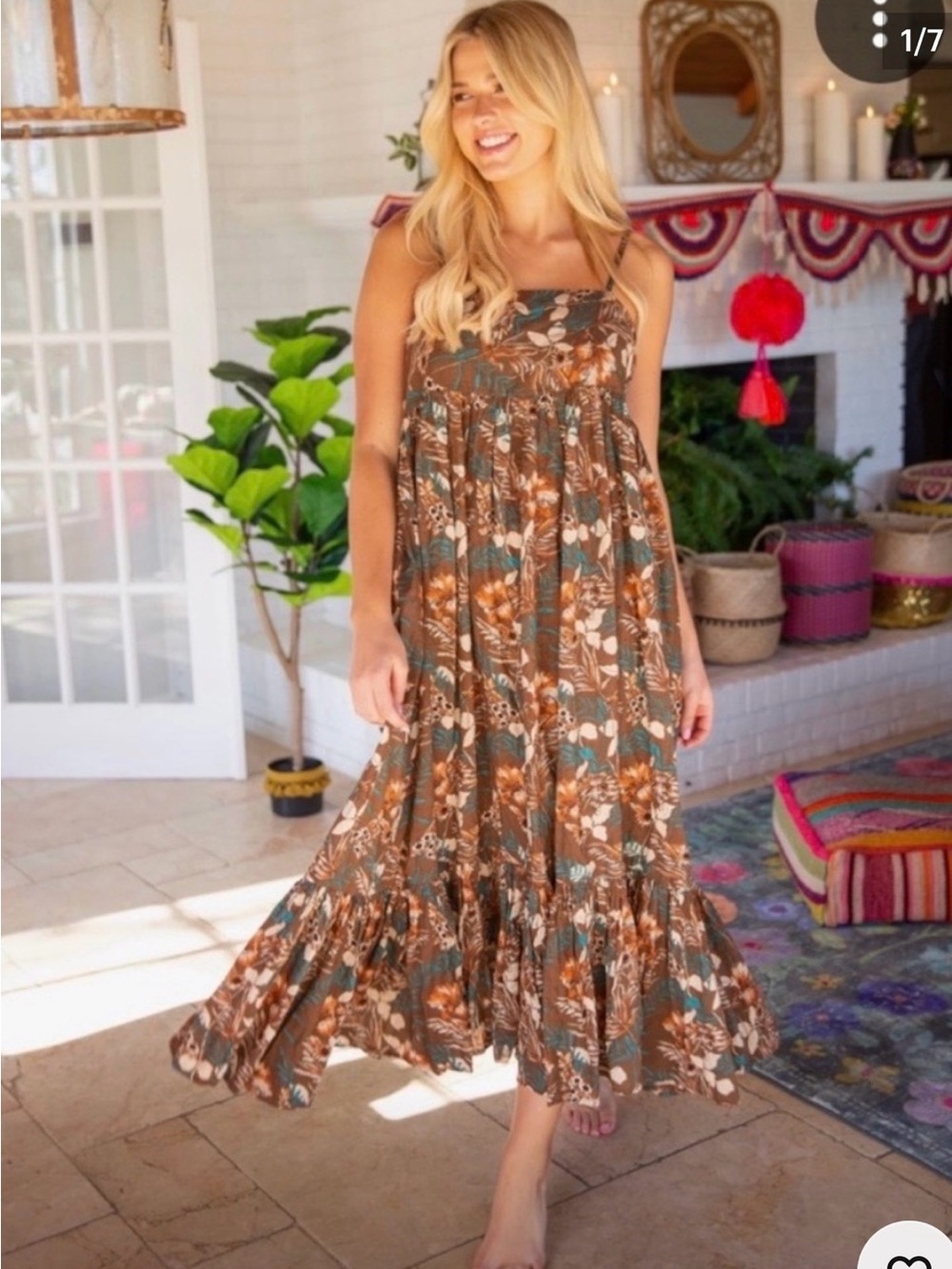 Natural Life Nina Bohemian Floral Tiered Maxi Dress BrownM
